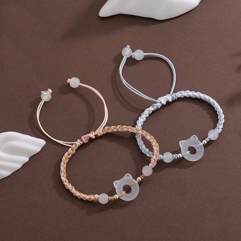 Hand-Woven Resin Cat Charm Bracelet – Elegant Peace Buckle Design for Women