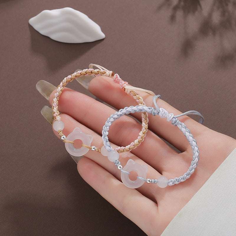 Hand-Woven Resin Cat Charm Bracelet – Elegant Peace Buckle Design for Women