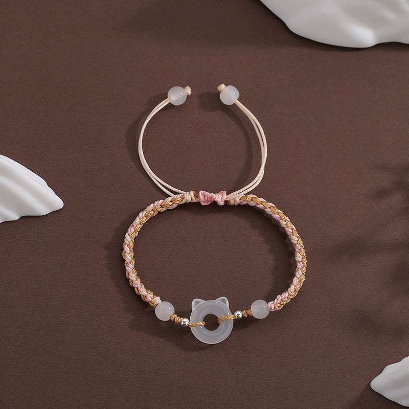 Hand-Woven Resin Cat Charm Bracelet – Elegant Peace Buckle Design for Women Pink