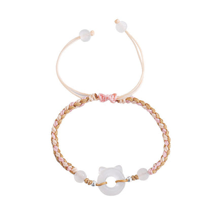 Hand-Woven Resin Cat Charm Bracelet – Elegant Peace Buckle Design for Women